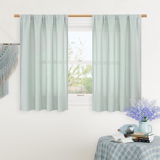 LAMIT Bedroom Linen Curtains 45 Inch Long, Light Filtering Neutral Window Curtains Farmhouse Boho Rod Pocket Room Decor Panels for Small Window/Living Room, 2 Panels, 42 x 45 Inch, Light Blue