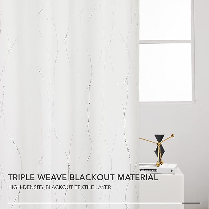 Deconovo White Curtains 63 Inches Long, Room Darkening Curtain, Thermal Insulated Soundproof Drapes, Wave Dots Silver Print, Grommet Top, Window Panels for Living Room Bedroom Nursery Office, Set of 2