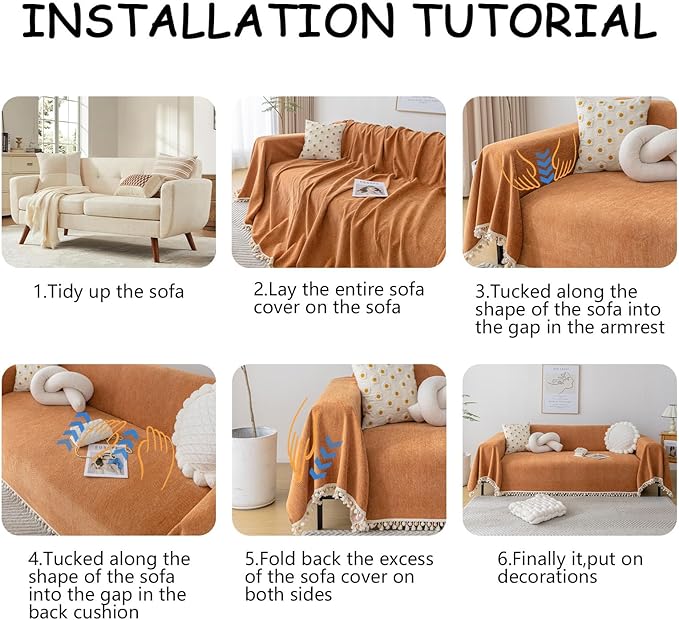 HANDONTIME Dark Orange Sofa Covers Couch Cover for Dogs Colorful Tassel Lovetseat Cover Pet Couch Cover Bohemian Sofa Cover for Couch Vintage Boho Couch Covers Futon Cover Pet-Friendly, 91" X134"