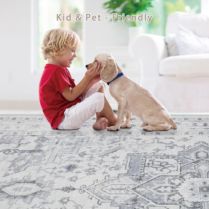 Srugn Area Rugs 5x7 Washable Area Rugs for Living Room- Ultra Soft Non-Shedding Faux Wool Bedroom Rug Grey Vintage Print Rugs Non Slip Dining Room Rugs Large Floor Carpet for Farmhouse Home Office