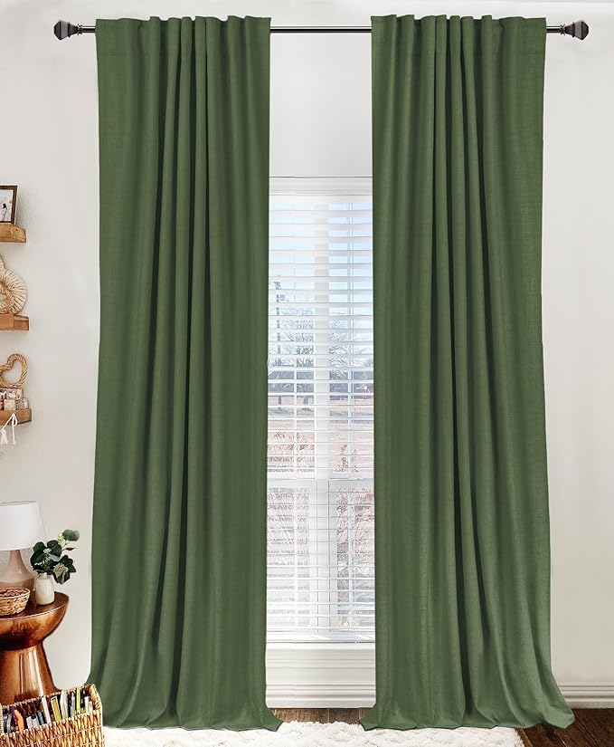 100% Blackout Shield Linen Blackout Curtains for Bedroom 108 Inches Long, Back Tab/Rod Pocket Living Room Drapes, Thermal Insulated Blackout Curtains 2 Panels Set, 50" W x 108" L, Moss Green