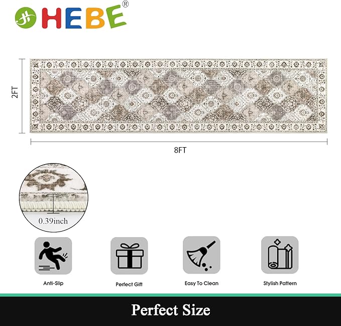 HEBE Hallway Runner Rug 2'x8' Washable Vintage Distressed Area Rugs Non Slip Laundry Rug Runner Boho Floor Carpet Runners for Hallways Entryway Laundry Room Kitchen Bathroom