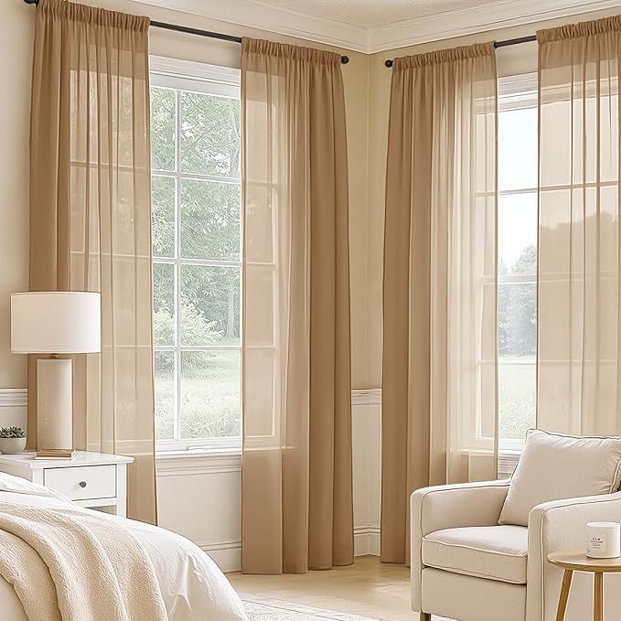 MIULEE Brown Sheer Curtains 63 Inches Long, 4 Panels Set, Rod Pocket Voile Drapes Light Filtering and Semi Transparent, Elegant Window Treatments for Bedroom Living Room,54 x 63 Inches