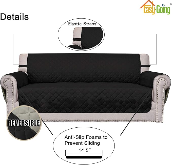 Easy-Going Sofa Slipcover Reversible Loveseat Sofa Cover Couch Cover for 2 Cushion Couch Furniture Protector with Elastic Straps for Pets Kids Dog Cat (Oversized Loveseat, Black/Beige)