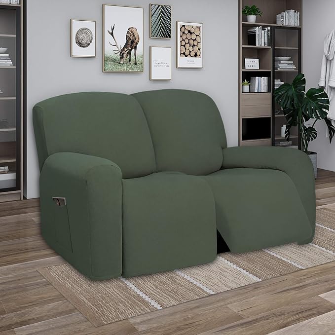PureFit Super Stretch Loveseat Recliner Sofa Couch Cover with Pocket – 2 Seats Non Slip Soft Sofa Slipcover, Washable Reclining Furniture Protector for Pets (Recliner Loveseat, Grayish Green)