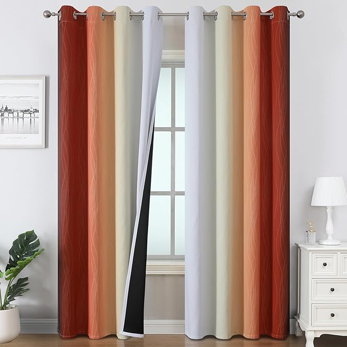 Estelar Textiler Burnt Orange and Greyish White Ombre Blackout Curtains & Drapes for Living Room, Thermal Insulated Grommet Energy Saving Window Gradient Curtains for Bedroom, 52Wx108L, 2 Panels