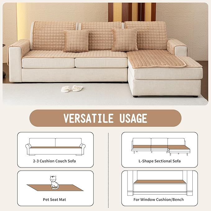 Velvet Couch Covers for Dogs, Dog Sectional Couch Covers, Pet Couchs Cover for 3-4 Seater, Couchs Protector for Dogs, Sectional Sofa Cover for Pet Washable(1PC,Khaki,27.6"×82.7")