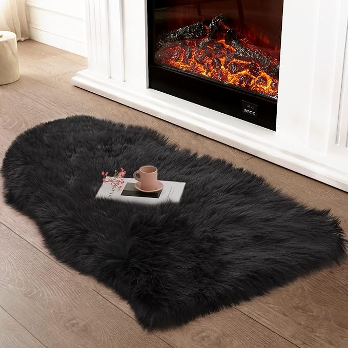 Ciicool Faux Sheepskin Rugs Soft Faux Fur Rugs Black Fluffy Chair Couch Cover Fuzzy Rug for Bedroom Floor Sofa Living Room 2x3 Feet