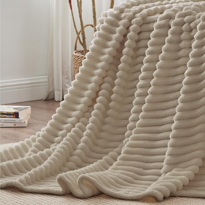 BEDELITE Blankets Queen Size for Bed, 300GSM Soft & Warm Fleece Blanket, Decorative and Giftable Striped Linen Blankets for Women, Men, 90"x90"