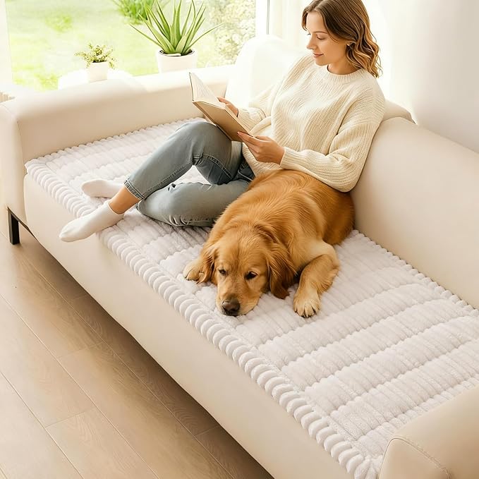 hyha Couch Covers for Dogs Washable, Non Slip Plush Dog Sofa Protectors, Fuzzy Pet Couch Covers for 3 Cushion Sofa Pet Friendly (White, 27.6" x 88")