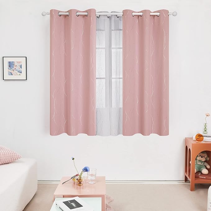 Deconovo Pink Blackout Curtains for Bedroom, Thermal Insulated Soundproof Pravicy Curtain, Silver Wave Dots Print, 42 x 63 Inch Long, Machine Washable Window Panels for Kids Room Nursery, Set of 2