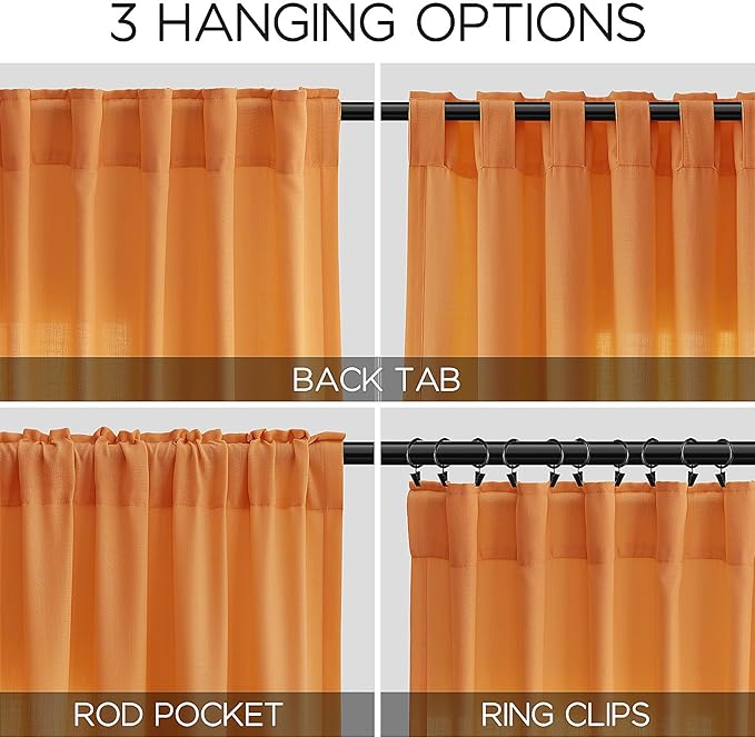 Nanspring Orange Linen Curtains for Bedroom Back Tab Light Filtering Privacy Sheer Curtains Modern Farmhouse Decor Linen Blend Textured Gauze Curtain for Living Room 2 Panels Set 52x72
