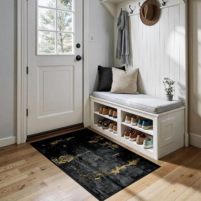 Washable Area Rugs 3x4 Non-Slip Modern Abstract Soft for Living Room Entryway Bedroom Nursery, Print Pattern, Dark Black Gold