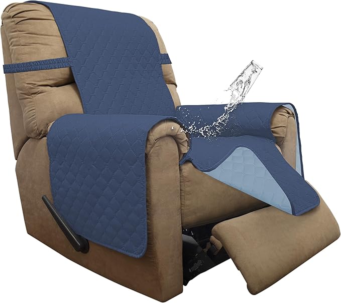 ISSUNTEX Double Protection 100% Waterproof Recliner Covers for Living Room, Reversible Furniture Protector Recliner Couch Sofa Slipcover for Dogs, Pets, Kids (Recliner, Dark Blue/Light Blue)