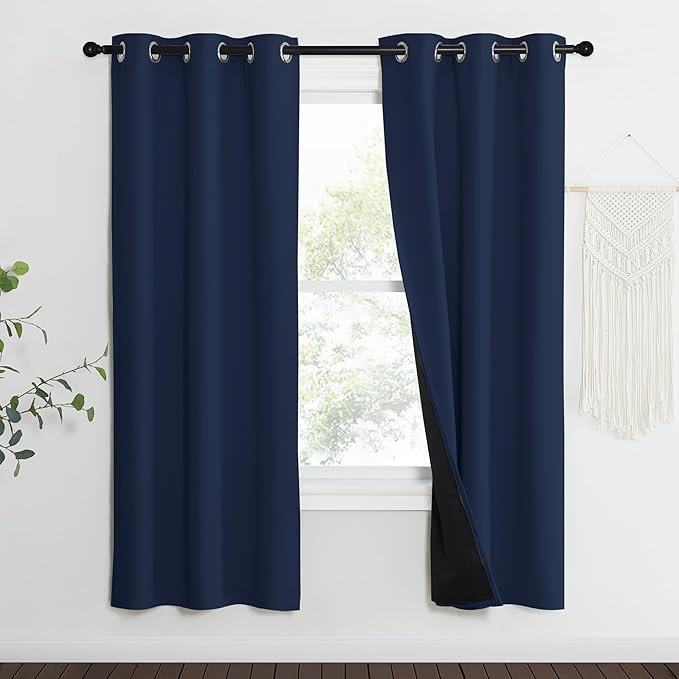 NICETOWN 100% Blackout Curtain Set, Thermal Insulated & Energy Efficiency Window Draperies for Guest Room, Full Shading Panels for Shift Worker and Light Sleepers, Navy Blue, 37W x 70L, 2 PCs