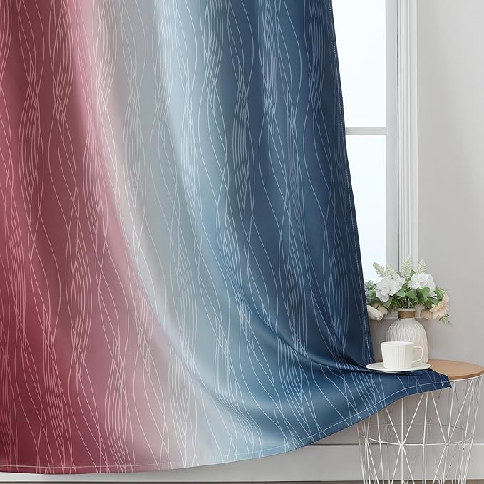 Estelar Textiler Navy Blue and Burgundy Red Ombre Blackout Curtains 54 Inch Length for Kitchen, Room Darkening Thermal Insulated Energy Efficient Grommet Drapes for Bedroom,52x54 Inch,2 Panels