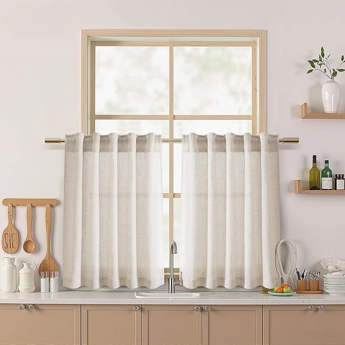 Nanspring 30 Inch Long Beige Curtains for Kitchen Linen Blend Farmhouse Decor Semi Sheer Light Filtering Back Tab and Rod Pocket Short Curtain for Bathroom Small Window 30 x 30 Inch, 2 Panels