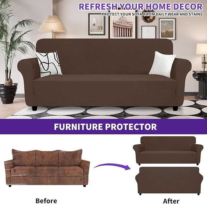 ZNSAYOTX Oversized Super Stretch Couch Cover (92"-115"), New Striped Sofa Covers Comfortable & Durable, Dog Cat Pets Friendly Extra Large Spandex Sofa Slipcovers (Coffee, XL Sofa)