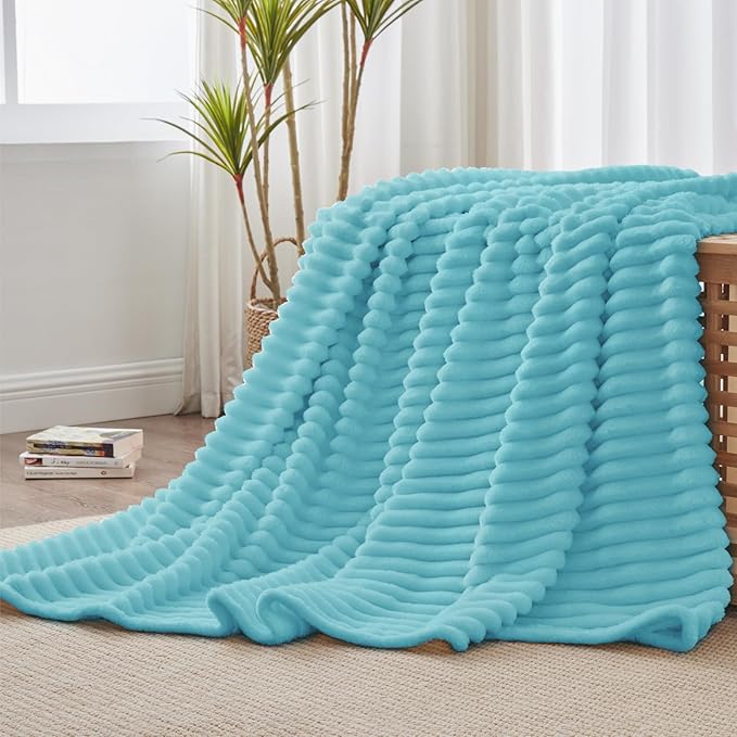 BEDELITE Twin Blanket for Couch & Bed, 300GSM Soft & Warm Fleece Blanket, Decorative and Giftable Striped Sky Blue Blankets for Women, Men, 60"x80"