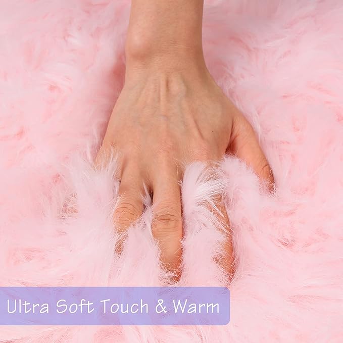 duduta Pink Faux Sheepskin Round Rug 4x4 ft, Fluffy Shag Fur Bedroom Nursery Girls Playroom Rug Dorm Decor Non Slip Washable