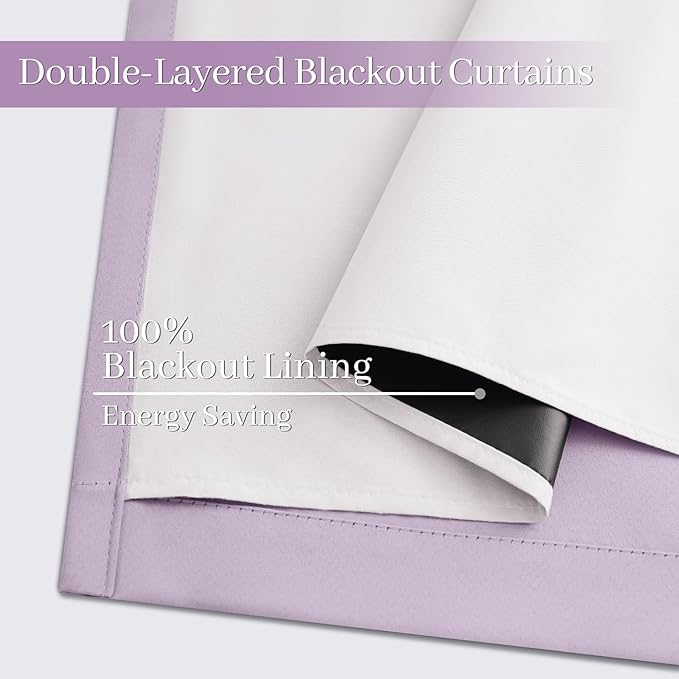 Yakamok Lilac 100% Blackout Curtains 63 Inches Long with 2 Thick Layers-Light Purple Room Darkening Thermal Insulated Window Curtain Set of 2 Panels for Bedroom Living Room 38x63 Inches,Lavender