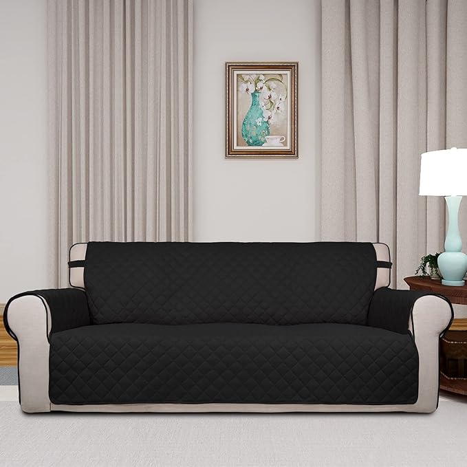 PureFit Reversible Quilted Sofa Cover, Water Resistant Slipcover Furniture Protector, Washable Couch Cover with Non Slip and Elastic Straps for Kids, Pets (Oversized Sofa, Black/Black)
