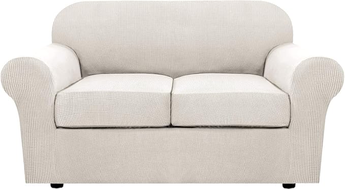 H.VERSAILTEX 3 Piece Stretch Sofa Covers for 2 Cushion Loveseat Couch Covers for Living Room Sofa Slipcovers (Base Cover Plus 2 Seat Cushion Covers) Thicker Jacquard Fabric(Medium Sofa, Ivory)
