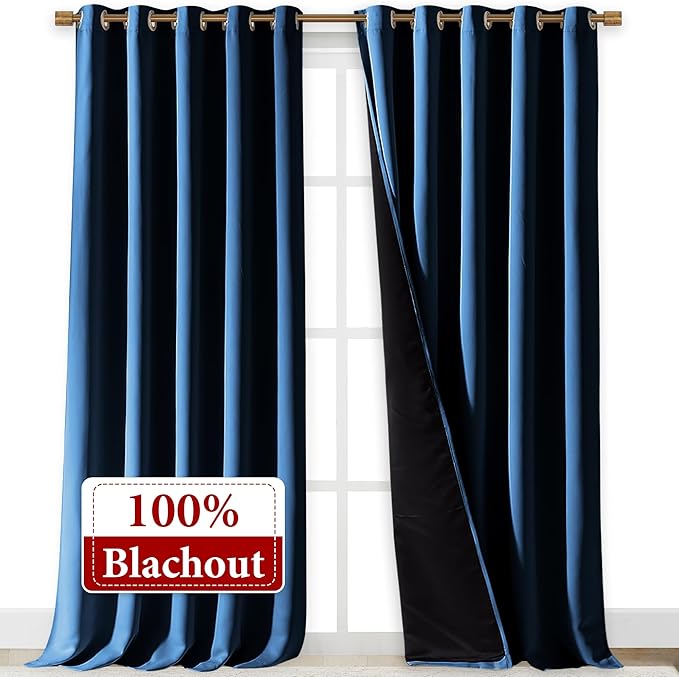 NICETOWN 100% Blackout Blinds, Laundry Room Decor Window Treatment Curtains for Large Patio Sliding Door, Thermal Insulated Moroccan Blue Curtains for Bedroom, Set of 2, 70 inches x 108 inches