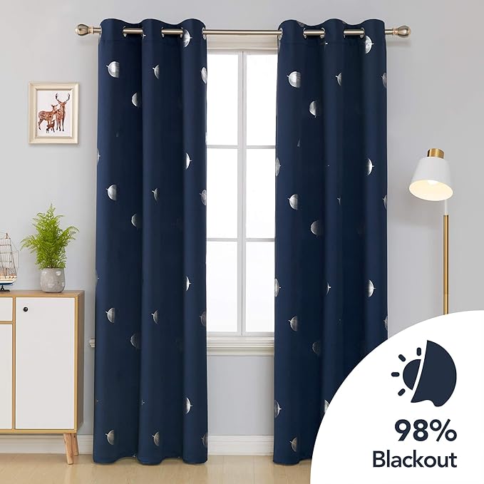 Deconovo Thermal Insulated Palm Fan Foil Print Curtain Room Darkening Grommet Blackout Curtains for Living Room 42 x 84 Inch Navy Blue 2 Panels