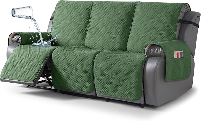 TAOCOCO 100% Waterproof Recliner Sofa Cover, Non Slip Split Couch Covers for Reclining Couches with Straps, Washable Reclining Sofa Cover Furniture Protector for Kids Pets(3 Seater, Vine Green)