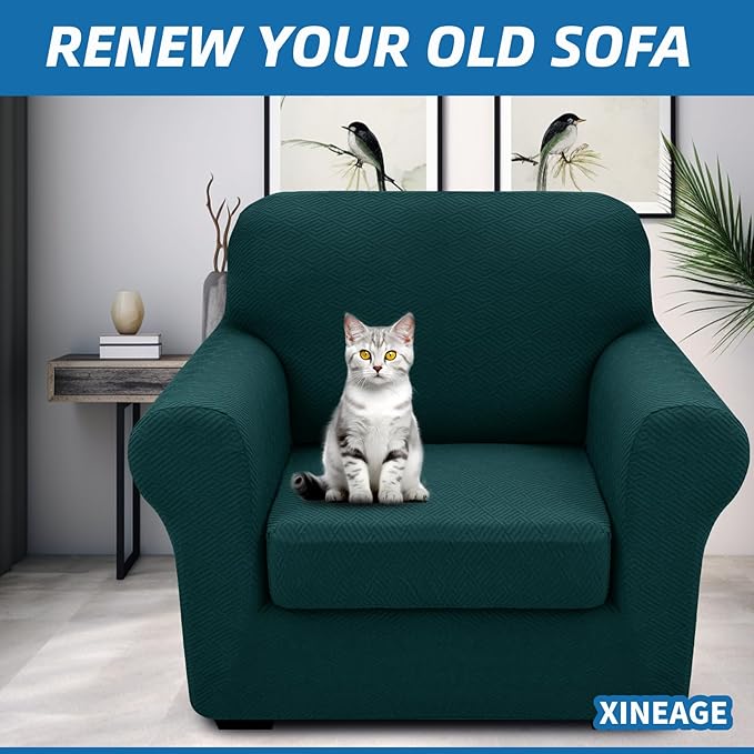 XINEAGE 2026 New 2 Piece Chair Cover with Arms Super Stretch Chair Slipcover for Living Room Pet Dog Universal Slip Cover Anti Slip Armchair Furniture Protector (Blackish Green), 31"-46"(1 Cushion)