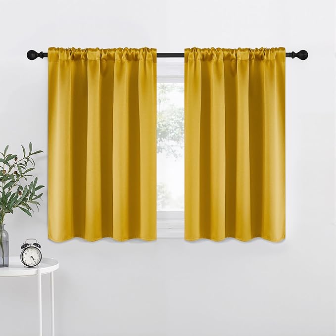NICETOWN Gold Blackout Cafe Faux Silk Curtains for Small Windows, 42" Wide by 36" Long, 2 Panels, Rod Pocket Privacy Blackout Satin Drapes for Home Decoration