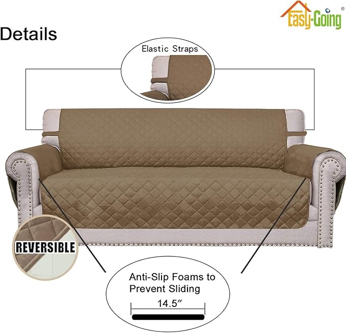 Easy-Going 4 Seater Sofa Slipcover Reversible Sofa Cover Water Resistant Couch Cover with Foam Sticks Elastic Straps Furniture Protector for Pets Children Dog Cat (XX-Large, Camel/Ivory)