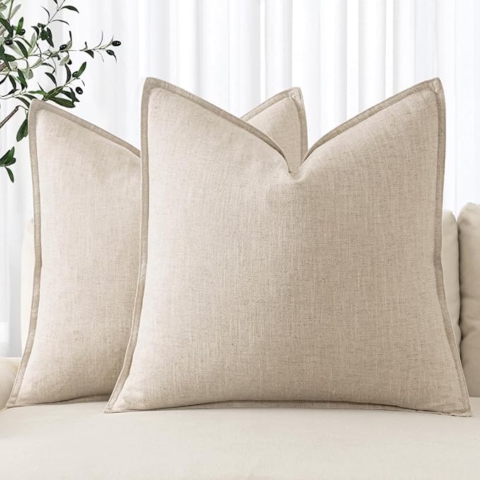 MIULEE Decorative Linen Pillow Covers 18x18 Inch Natural Beige Boho Farmhouse Neutral Couch Throw Pillows for Bed Pack of 2 Accent Modern Pillowcase Sofa Livingroom Home Decor