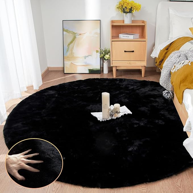 ORINOVA Black Round Area Rug 5ft Washable Faux Fluffy Fur Rug for Bedroom Circle Nursery Rug for Living Room Girl Room Cute Décor