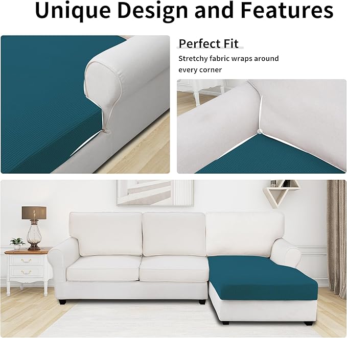 Easy-Going Stretch Sectional Couch Covers 1 Piece Chaise Lounge Slipcover L Shape Separate Cushion Couch Seat Chaise Cover for Both Left/Right Sectional Couch Peacock Blue