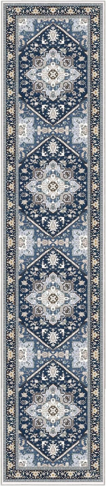 OPPODREAM Soft Entryway Rug 2x10, 2x10 Rug Runner, Washable Hallways Carpet 2 x 10 with Non Slip Backing, Low-Pile Bedside Carpet 2 x 10, Long, Faux Cashmere, Navy Blue & Gold
