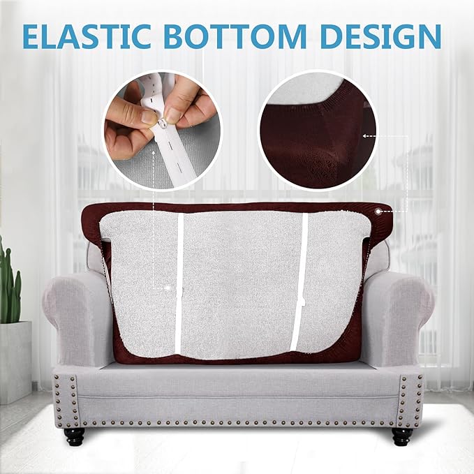 Leather Look Couch Cushion Covers Sofa Seat Slipcovers Sets Couches Furniture Protector for Sectional Armchair Loveseat Pets Kids Stretch Spandex Fabric (1 T-Cushion loveseat, Burgundy)