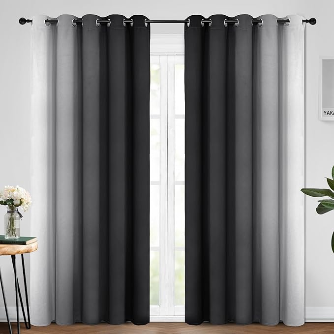Yakamok Room Darkening Ombre Curtains 84 Inch Length, Black and Greyish White Thermal Insulated Gradient Color Curtains,Light Blocking Grommet Window Drapes for Bedroom,62 Inch Width,2 Panels