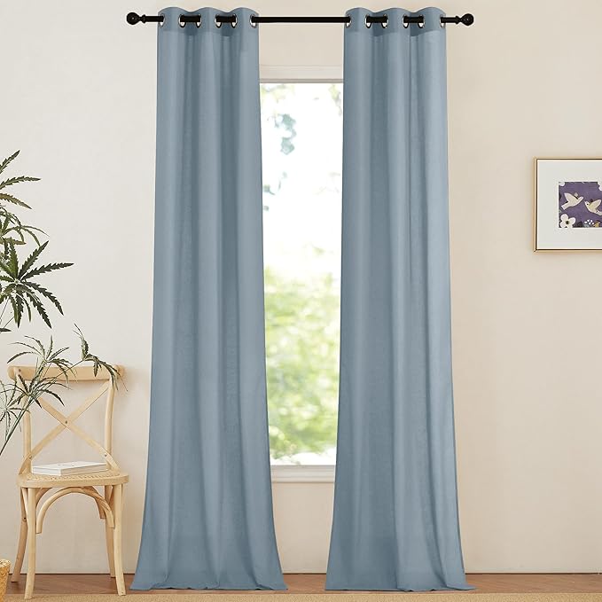 NICETOWN Linen Curtains 96 inches Long for Living Room, Grommet Semi Sheer Drapes Linen Weave Window Treatments Privacy Added with Light Filtering for Bedroom, Stone Blue, W34 x L96, 2 Panels