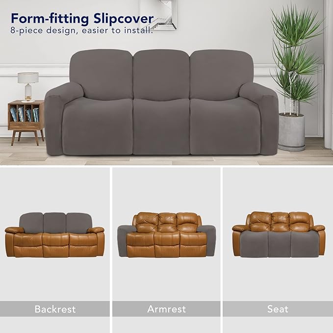 PureFit Super Stretch 3 Seats Recliner Sofa Couch Cover with Pocket-Non Slip Soft Sofa Slipcover, Washable Spandex Reclining Furniture Protector for Kids, Pets (Large, Taupe)