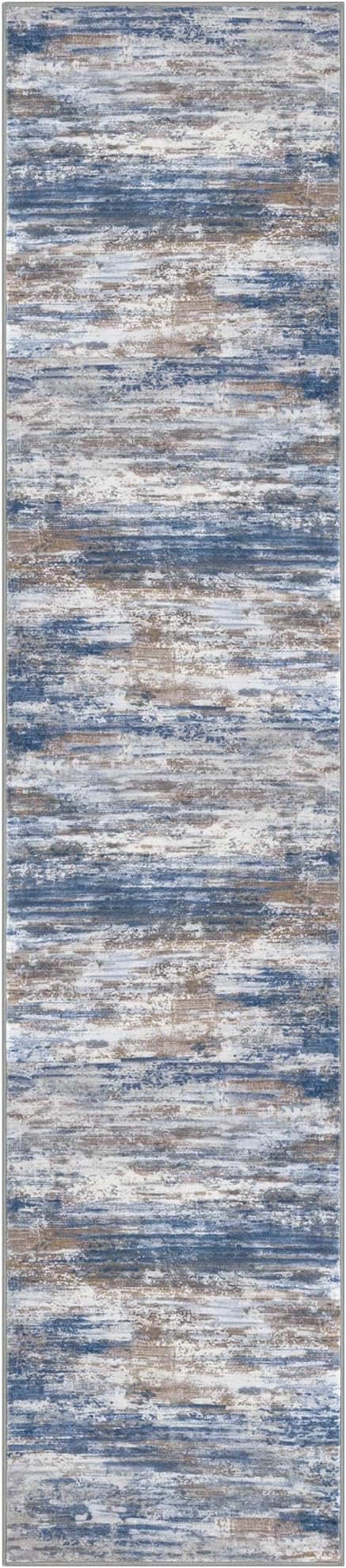 KOZYFLY Modern Abstract Washable Rug Runner 2.6x12 Hallway Rug Runner Non-Slip Soft Kitchen Runner Rugs, Blue Rust Striped Carpet for Entryway Bathroom Laundry Room Foyer