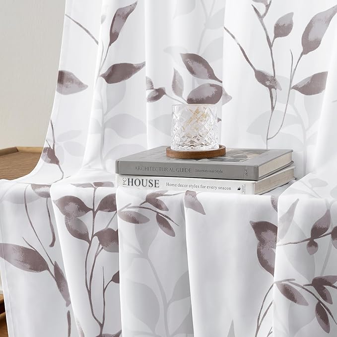 HOMEIDEAS Non-See-Through Dry Rose and White Privacy Sheer Curtains 52 X 63 Inch Length 2 Panels, Leaf Floral Printed Light Filtering Semi Sheer Window Curtains Drapes for Bedroom Living Room