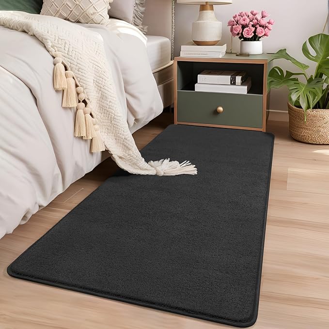 AROGAN 2x4 Feet Shag Runner Rug for Hallways, Washable Rugs with Memory Foam for Bedroom, Entryway Indoor Fluffy Throw Rug for Bedside Living Room Kids Girls Nursery Dorm Room Decor, Black