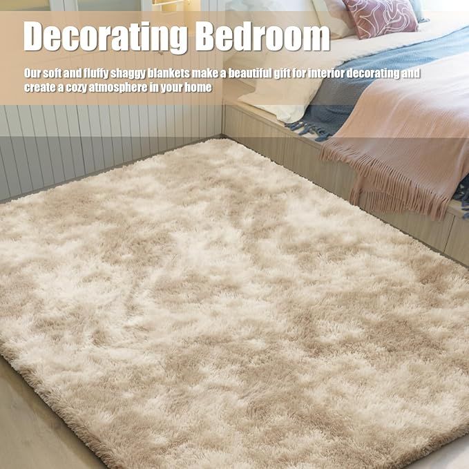8x10 Fluffy Area Rugs for Living Room,Shag Area Rug for Bedroom,Soft Fuzzy Rug Non-Shedding Indoor Plush Carpet for Kids Bedroom Nursery Home Decor,Tie-Dyed Beige
