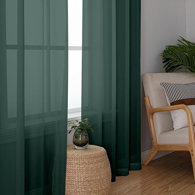 Chyhomenyc Hunter Green Sheer Curtains 63 Inch Length 2 Panels, Rod Pocket Solid Window Sheer Curtain Panels, Elegant Curtains & Drapes for Living Room Bedroom 2 Panels (Hunter Green, 42 W x 63 L)