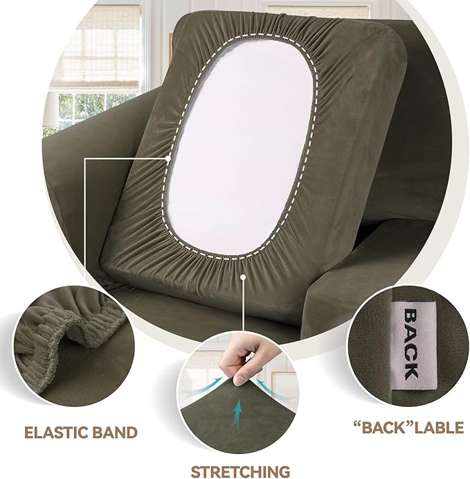 WEERRW Velvet Stretch Chair Sofa Slipcover - 2 Pieces Luxury Soft Velvet Plush Couch Cover Furniture Protector with Elastic Bottom for Pets, Machine Washable, Light Brown, Small