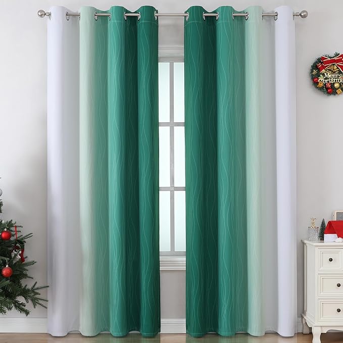 Estelar Textiler Green and Greyish White Gradient Blackout Curtains for Bedroom, Thermal Insulated Ombre Drapes 96 Inches Long, Full Light Blocking Curtains for Living Room, 52Wx96L, 2 Panels