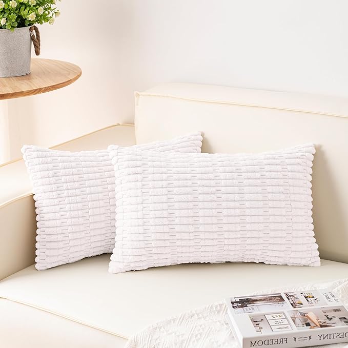 Pack of 2 Corduroy Decorative Throw Pillow Covers 12x24 Inch Soft Striped Pillow Covers Modern Farmhouse Home Decor for Sofa Living Room Couch Bed（White）