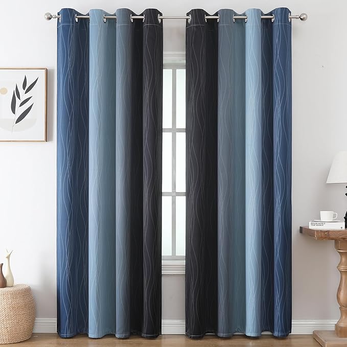 Estelar Textiler Black and Navy Blue Blackout Curtains for Sliding Door, Thermal Insulated Ombre Drapes 108 Inches Long, Full Room Darkening Energy Saving Curtains for Living Room,52Wx108L,2 Panels